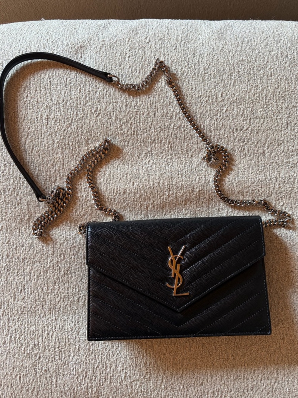 Saint Laurent CASSANDRE ENVELOPE CHAIN WALLET IN GRAIN DE POUDRE LEATHER